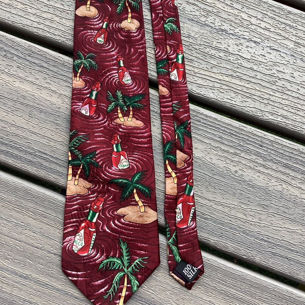 Men's Silk Tie Burgundy‎ Tabasco Island Palm Tree Novelty